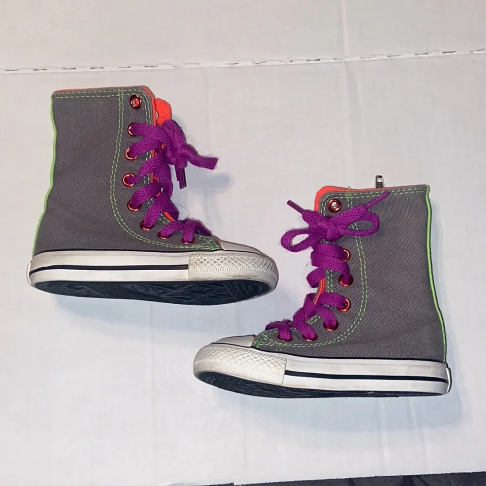 Converse All Star gray, orange, neon green, and purple high top sneakers size 5